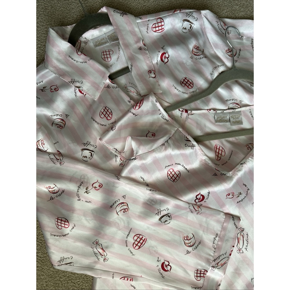 GILLIGAN & OMALLEY Pink & White Satin Negligee Lingerie Gown & Robe Set Sz L